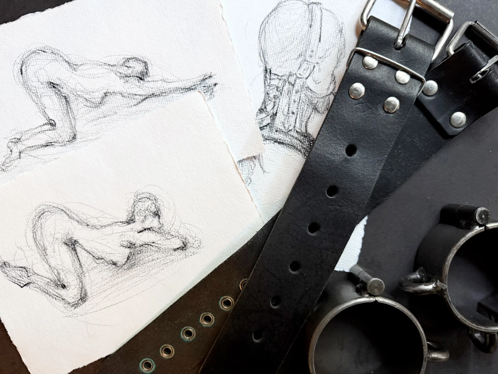 Bdsm sketches made by Aido Akida, next to them there is a pair of metallic handcuffs 