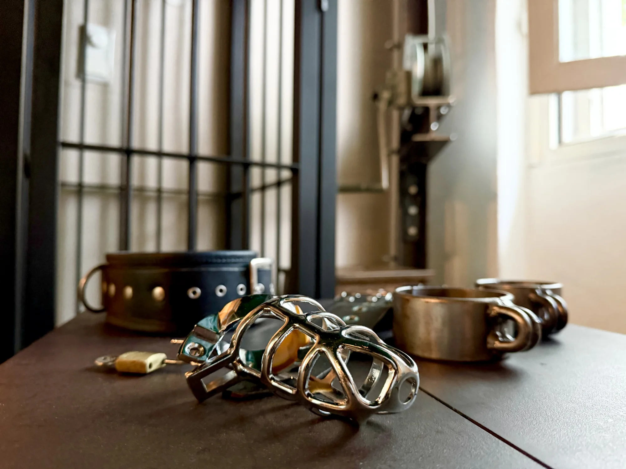 A picture of Bdsm gear in front of a cage, at studio lux Berlin