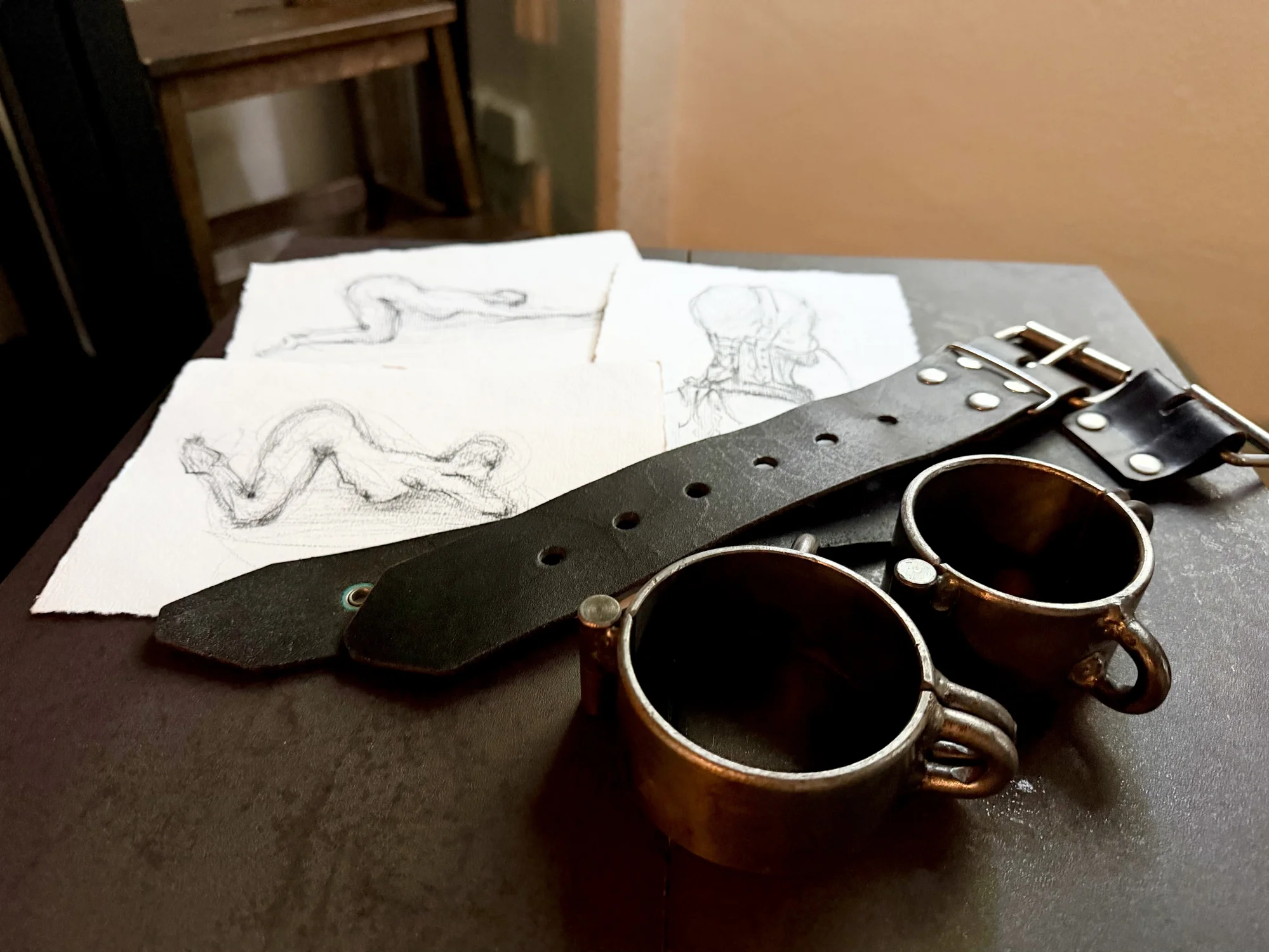 A picture of Erotic sketches made by Aido Akida and bdsm gear at studio lux berlin