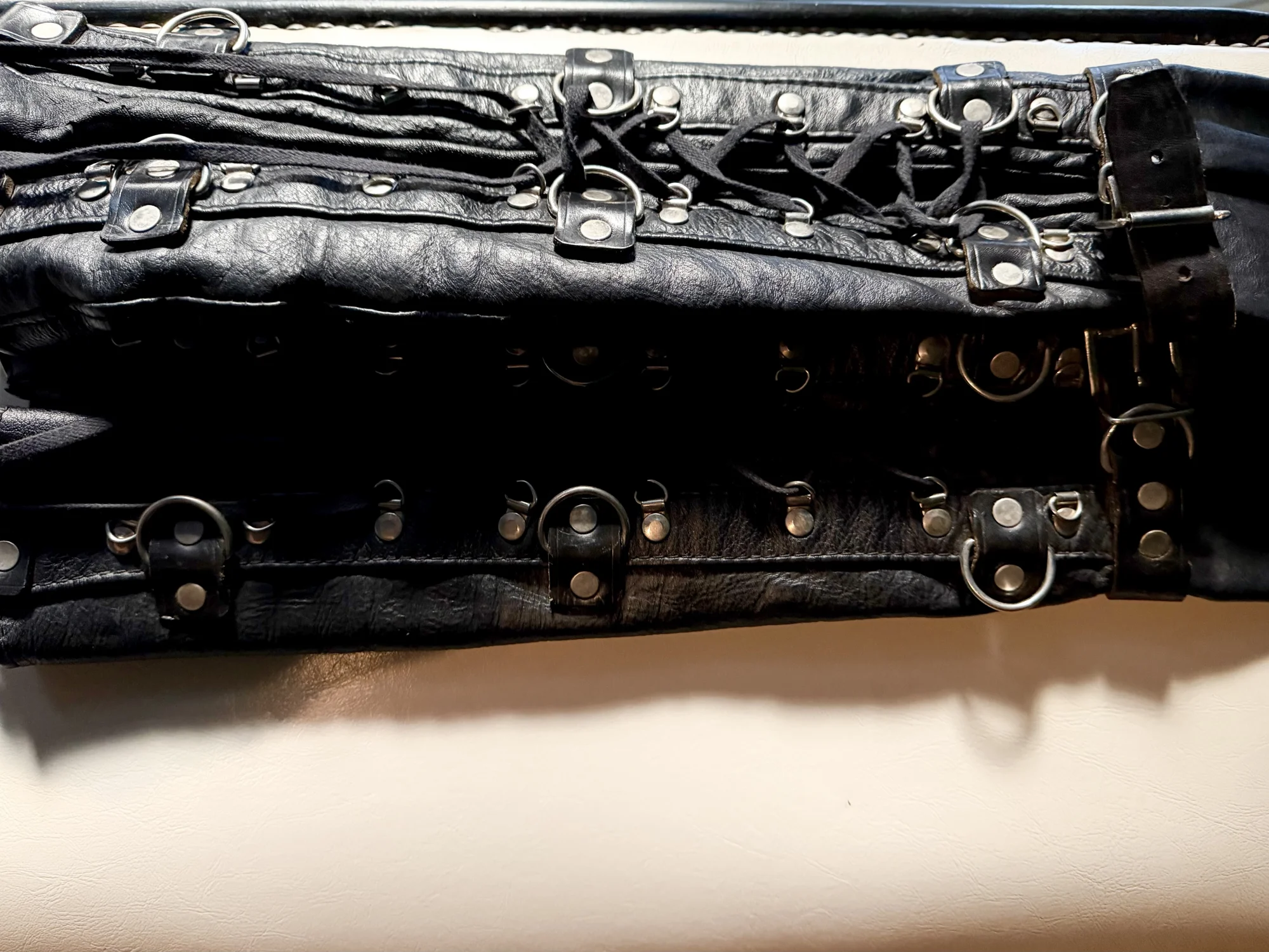 Leather sleeves close up picture with white background