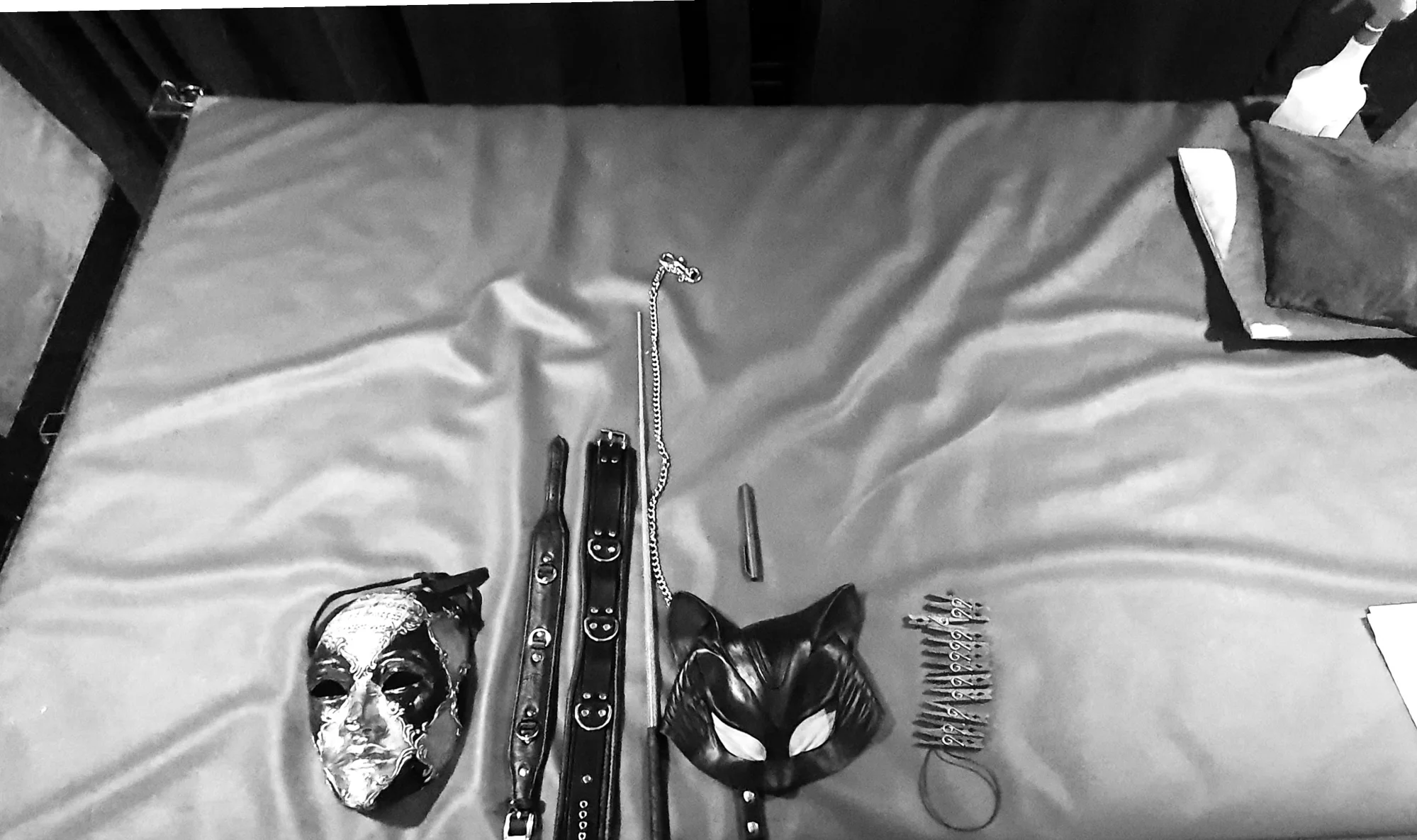 A collection of fetish objects (two masks, a leash, a cane, and two collars) pictured from above on a bed, and a bottle of disinfectant on the opposite side of the bed.