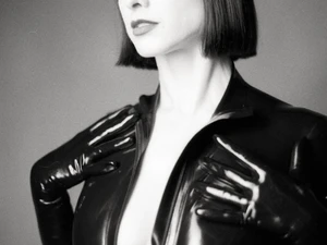 Dominatrix in a black latex catsuit front zip with latex gloves