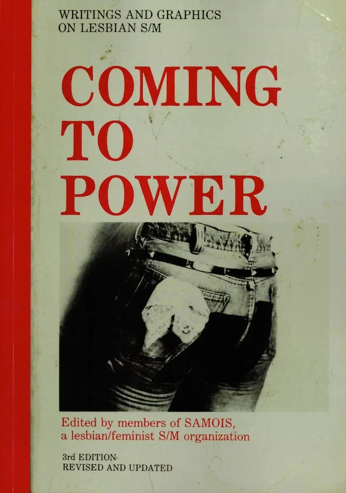 Samois Coming to Power book cover with a Leatherdyke wearing a handkerchief in the back pocket of jeans