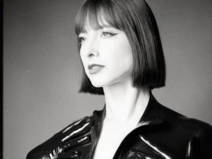 Inara Vesper in a black latex catsuit and gloves