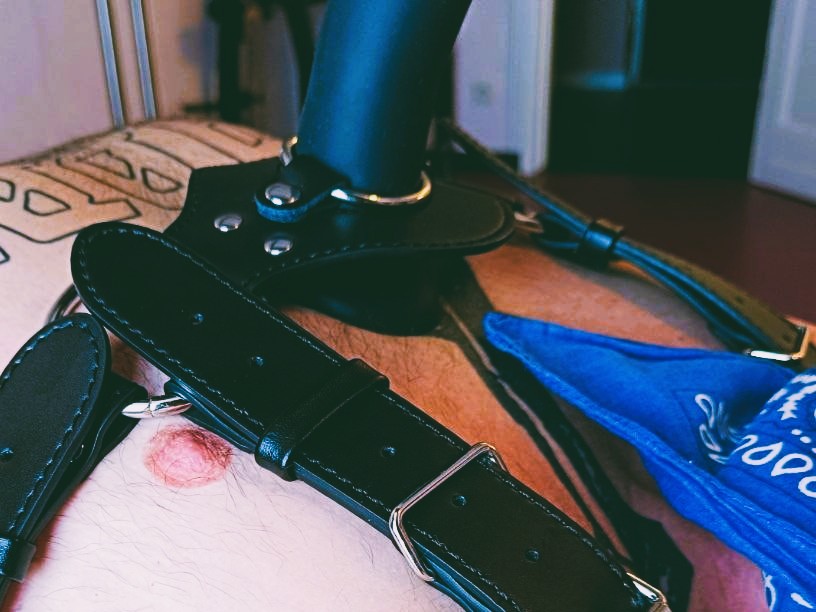 Close up von einem Brust-Harness, dass einen Dildo an einer liegenden Person fixiert. Strap-On im Studio LUX Berlin