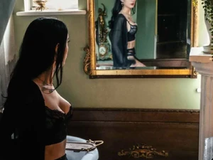 Miss Ivy Malice in lingerie stockings by mirror - Domina